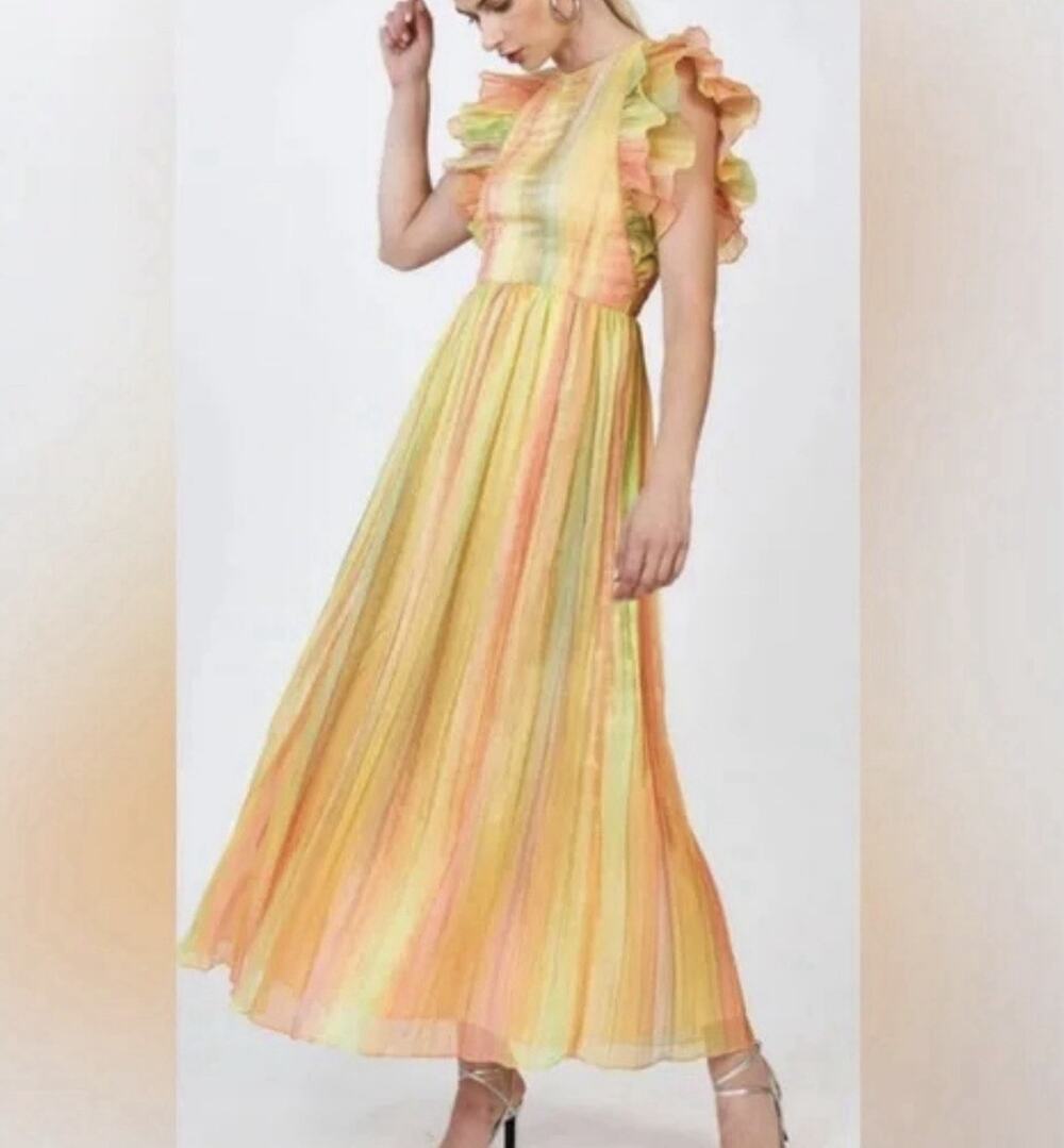 Hunter Bell Griffith Chiffon Pastel Stripe Sleeveless Ruffle Dress Rare Sz 8
